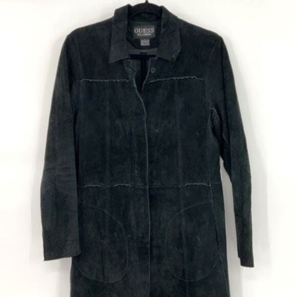 Guess Vintage Black Button Front Long Sleeve Genuine Leather Long Coat Size Larg - Picture 4 of 6